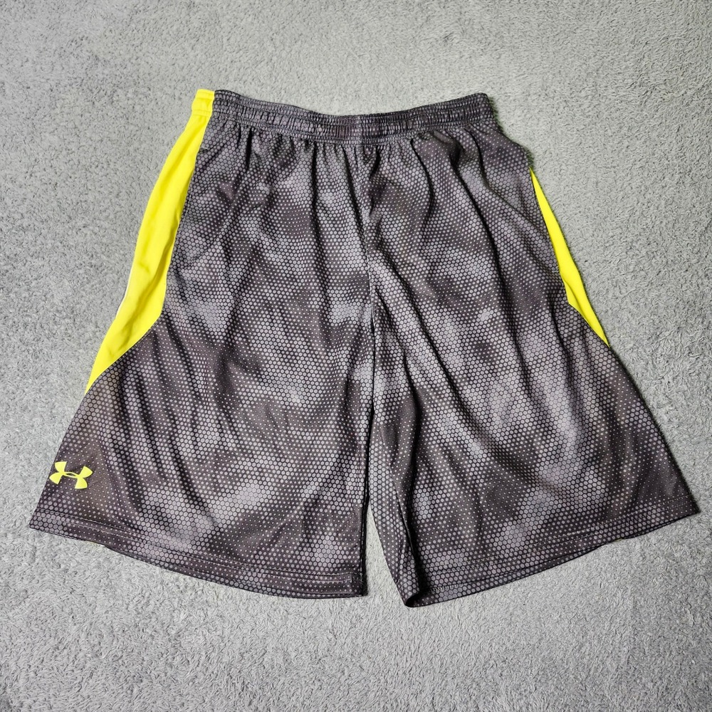 Under Armour Mens Medium Shorts Grey Neon Yellow Hexagon Honeycomb Loose Fit